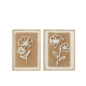 Wanddecoratie bloemen poli sparhout/mdf naturel/wit assortiment van twee