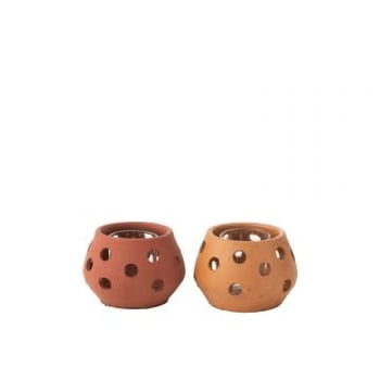 Theelichthouder gaia rond klei/glas rood/bruin assortiment van 2