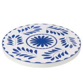 Dienblad rond bloemen mangohout blauw/wit