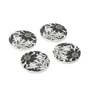 Set van 4 onderzetters bloemen mangohout zwart/wit