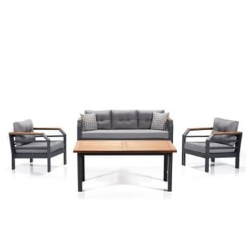 Woody Fashion Tuin Loungeset - ALIMINIUM Frame, Acryl Stof, IRIKO Tree Top, 3-zits Bank, Wing Chair, Salontafel - Grijs Zwart