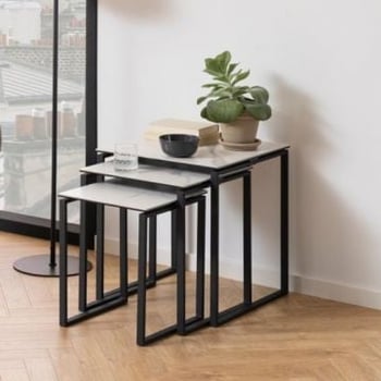 Set van 3 bijzettafels Nicola keramiek - wit/zwart