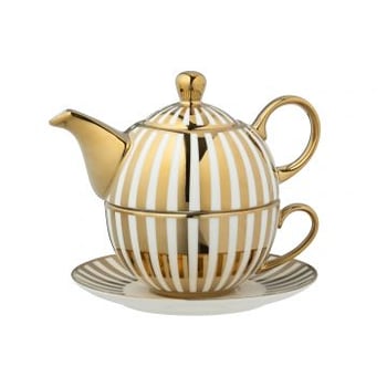 Doos van 1 theepot gestreept porselein goudkleurig/wit