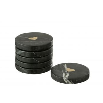 Doos van 6 onderzetter hart marmer zwart/goudkleurig