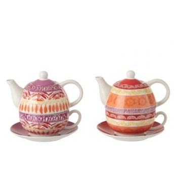 Theekop + bordje keramiek paars/rood assortiment van 2