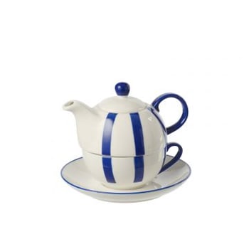 Theepot gestreept porselein blauw/wit
