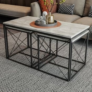 Stijlvolle Woody Fashion Salontafelset | Melamine gecoat, metalen poten | Lichtgrijs Zwart