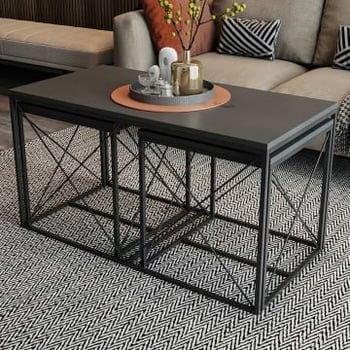 Modern Woody Fashion Salontafel Set | Melamine Gecoat Board, Metalen Poten | Antraciet Zwart