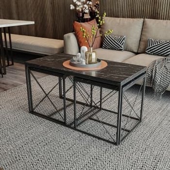 Stijlvolle Woody Fashion Salontafel Set - Melamine gecoat, Metalen poten, 2 maten, Zwart