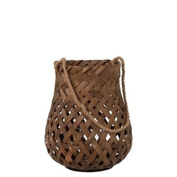 Lantaarn gevlochten rond bamboe/glas donkerbruin large