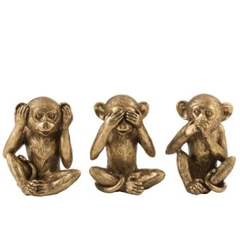 Aap horen/zien/zwijgen antiek goud assortiment van 3