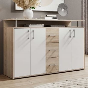 Dressoir Flotar 4 deuren 3 lades - wit/eik