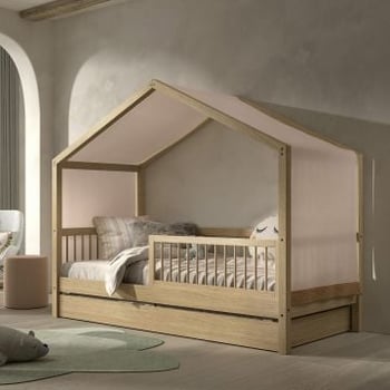 Huisbed Forrest 90x200 met rolbed, uitvalbeveiliging en bedtent - beukenhout/roze
