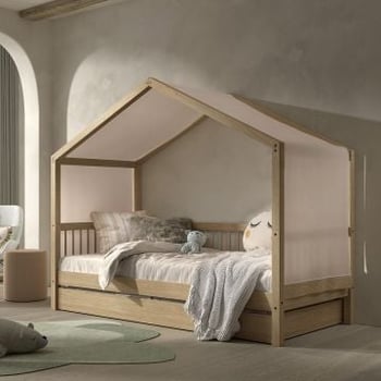 Huisbed Forrest 90x200 met rolbed en bedtent - beukenhout/roze