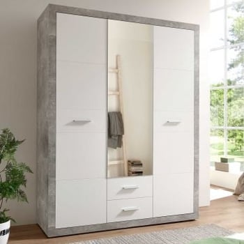 Kledingkast Storck 151cm 3 deuren & 2 lades & spiegel - beton/wit 