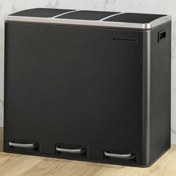 Recyclingbak, 3 compartimenten, zacht sluitend, bakken met emmers, zwart