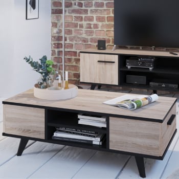 Salontafel Wilke 2 lades en 2 open vakken-geborstelde eik/matzwart