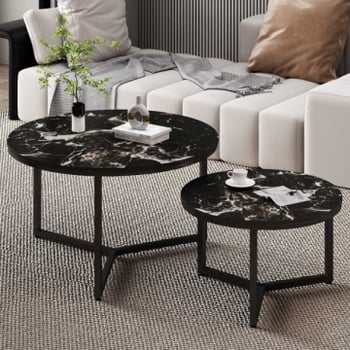Ravenna' marmerlook salontafelset zwart | metalen frame, 70/50 cm