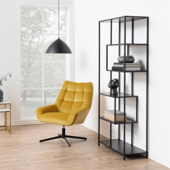 Seaford boekenkast: Mat zwart staal, 5-vaks essen melamine, 77x35x185cm