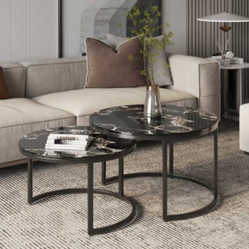 Nazaro Marmerlook stenen salontafel 2-delig | Zwart metalen structuur | H-H 45/38 x B-L 70/60 x D-P 70/60 cm
