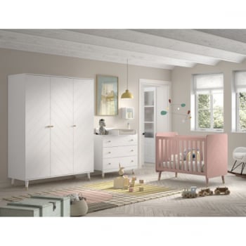 Slaapkamerset Billy - Driedeurskleerkast, commode, verversplank & babybed - Roze/wit