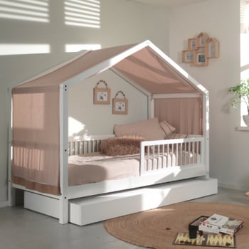 Huisbed Forrest 90x200 met rolbed, uitvalbeveiliging en bedtent - wit/roze