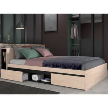 Tweepersoonsbed Bruxelles 148cm-2 legplanken, 2 lades, 1 opbegvak-zwart/eik