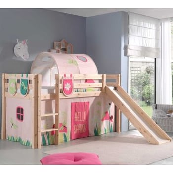 Halfhoogslaper met glijbaan Astrid met bedtent, -tunnel & opbergzakjes Spring - dennenhout
