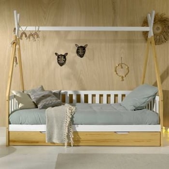 Tipibed 90 x 200cm met hekje en bedlade massief hout - dennenhout/wit