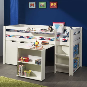 Halfhoogslaper Charlotte met legplankje, bureau, bibliotheek en commode - wit
