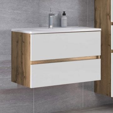 Wastafelmeubel Luna 80cm 2 lades - eik/wit