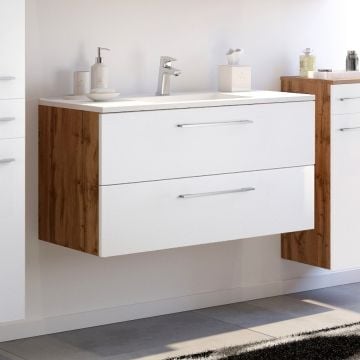 Wastafelmeubel Sefa 100cm 2 lades - eik/wit 