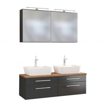 Dubbel wastafelmeubel met spiegelkast Dasa 120cm 4 lades - grafiet/mat grijs 