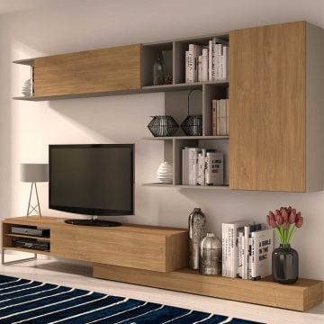 Tv-meubel Pim 272cm 3 deuren - grijs/ eikdecor