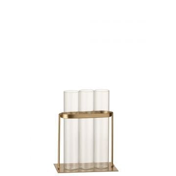 Vaasje 3 tubes metaal/glas goud