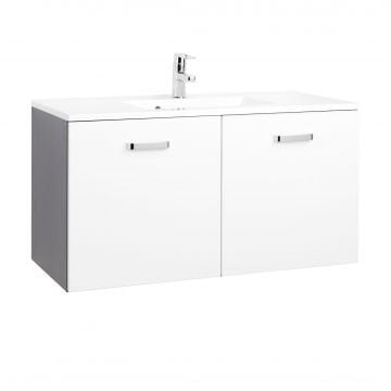 Wastafelmeubel Bobbi 100cm met 2 deuren en keramische wastafel - grafiet/hoogglans wit