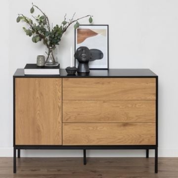 Dressoir Dover 120cm 1 deur & 3 lades - zwart/wilde eik 