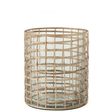 Windlicht violet breed glas/riet naturel