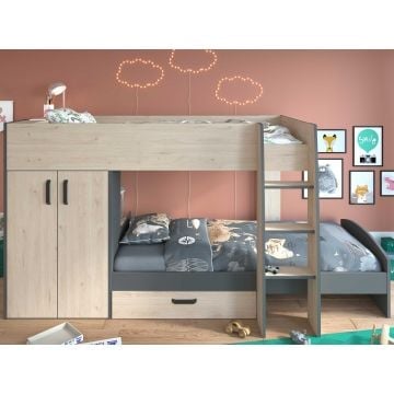 Stapelbed Stim met kast & lade - eik/grijs
