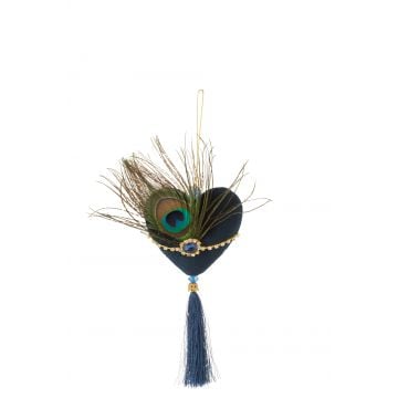 Hart hanger+veren textiel blauw/groen