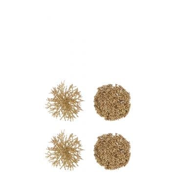 Doos van 4 bal hanger rond/koraal plastiek goud
