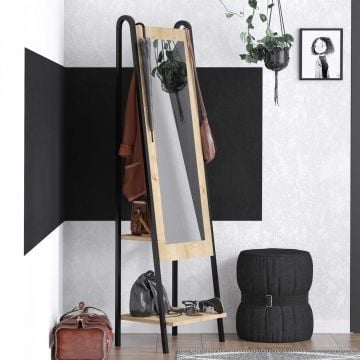 Staande spiegel Woody Fashion - 44x35x170cm - met 3 kapstokhaken - eikdecor/zwart