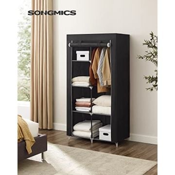 Stoffen garderobe-indeling, 2 hangroedes/6 planken, aanpasbaar, zwart