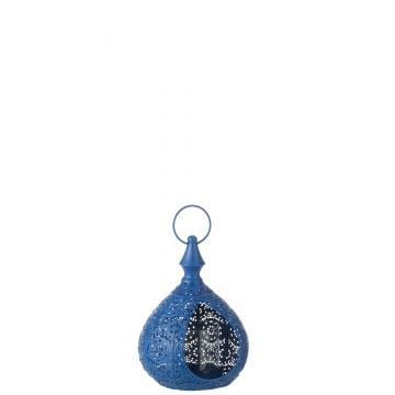 Theelichthouder drop metaal/glas blauw small