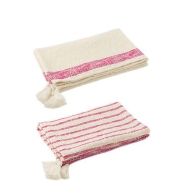 Plaid strepen+kwasten katoen wit/roze assortiment van 2