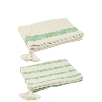 Plaid strepen+kwasten katoen wit/groen assortiment van 2