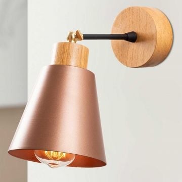 Moderne Koperen Wandlamp | Strak en Eigentijds Decor | Metalen Behuizing, Houten Voet | 14cm Diameter, 25cm Hoogte