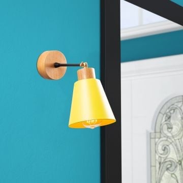Slanke en verfijnde gele wandlamp | 14cm diameter, 25cm hoogte | METAL BODY, houten basis