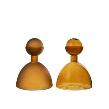 Vaas fles+dop rond glas blinkend/mat bruin assortiment van 2