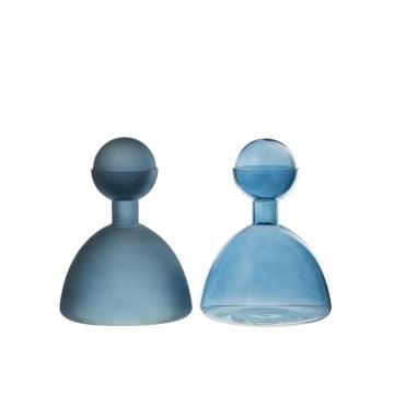Vaas fles+dop rond glas blinkend/mat blauw assortiment van 2